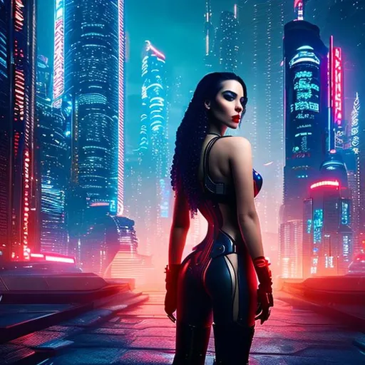 Prompt: Incredibly detailed photograph of a sensual woman in futuristic cyberpunk clotes style, long hair and blue hair, red lips, full body view, altered carbon city