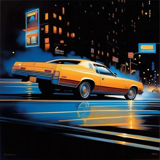 Prompt: Driver Parallel, car chase, late 70's, New York City at night, realistic, warm blue atmosphere, extremely detailed painting by Greg Rutkowski and by Henry Justice Ford and by Steve Henderson