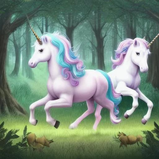 Prompt: unicorns running through a forest
