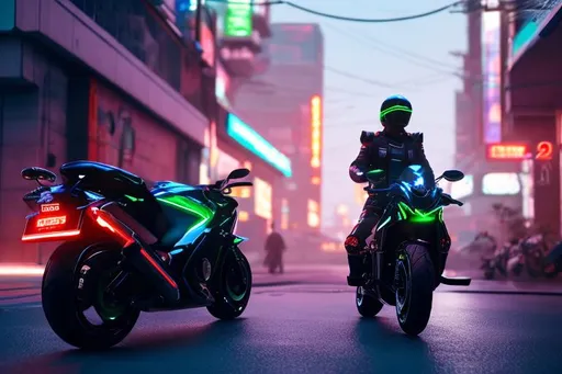 Prompt: a motorcyclist on a cyberpunk bike, neon, full body, one people, high quality, ultra realistic, realistic lighting