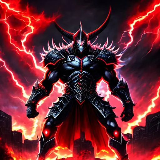 Prompt: (mega detailed) (4x+anime) Dark demon god standing, 100 feet tall, (black and red armor) (Black and red lightning blot imprint) black and red lightning skies. large sword in his hand, burning city behind