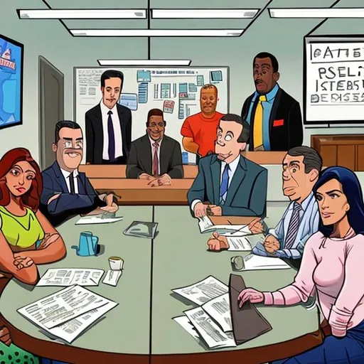 Prompt: create a cartoonish screenshot of a zoom meeting that contains the characters of brooklyn 99

Description:
Design an image that showcases the key elements and characters from the skit. The image should be colorful, vibrant, and humorous, reflecting the comedic atmosphere of the office breakroom setting. Consider including the following elements:

Characters: Depict the main characters from the skit, such as Jake, Amy, Terry, Rosa, Captain Holt, Charles, Gina, and Kevin. Each character should be easily recognizable and capturing their unique traits and personalities.

Breakroom Setting: Show a well-equipped breakroom, complete with a coffee machine, snacks, and a table where the team gathers. Add details like posters, a whiteboard with clues, and office-related items to enhance the visual storytelling.

Hilarious Moments: Illustrate some of the comedic moments from the skit. You can depict Jake and Amy triggering traps, Terry getting caught in a net, Charles chasing a donut, and Captain Holt with a guilty expression, caught in the act of sneaking snacks.

Laughter and Camaraderie: Capture the joy and camaraderie among the characters by illustrating them laughing, smiling, and enjoying the lighthearted moment. Use speech bubbles or humorous expressions to convey their amusement.

Color Palette: Utilize a vibrant and energetic color palette to enhance the lively atmosphere of the skit. Consider using bright and bold colors for the characters and the surroundings.