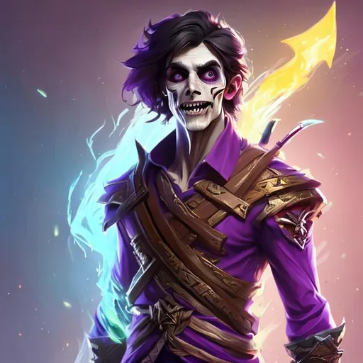 Prompt: Full body splash art of a sweet, youthful, expressive, smiling male undead zombie bard, mummified face, long black hair, skinny, plum purple noble clothes, D&D, dnd, fantasy, highly detailed, sharp focus, digital painting, trending on artstation, 4k, 8k, unreal engine