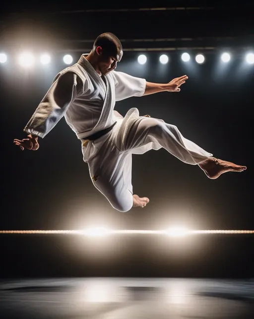 Prompt: A powerful athlete captured mid-kick, body arched back, muscles tensed, performing an athletic capoeira move. Bright stage lighting spotlights the dancer executing the dynamic pose against a dark background. Photographed from a low angle perspective with a 24-70mm lens on a Canon 5D Mk IV to emphasize the height and strength of the kick. Conveys beauty, control, and discipline.