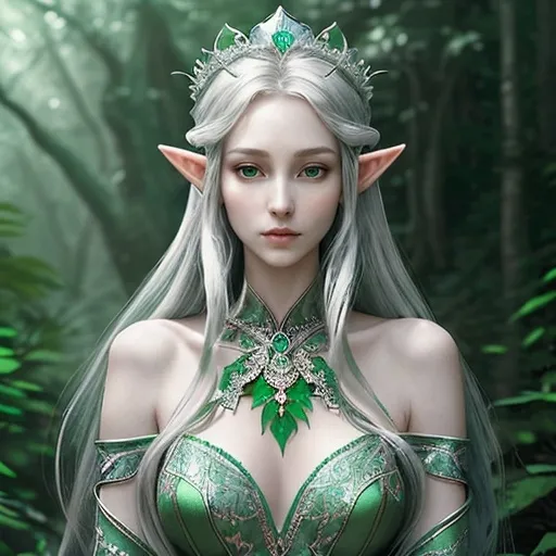 Prompt: Adult slim female elf royalty, graceful posture, ethereal elegance, adorned in intricate silver and emerald robes, wearing a delicate crown, long flowing hair adorned with flowers, serene expression, surrounded by enchanted forest backdrop, magical soft lighting highlighting her features, enchanting atmosphere, mystical aura, ultra-detailed, high quality.