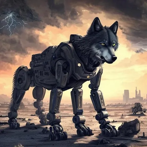 Prompt: a robotic military wolf with blue eyes walking in a desert, an abandond city behind it, ashes falling from the sky and a storm in the sky with a sunset for a background