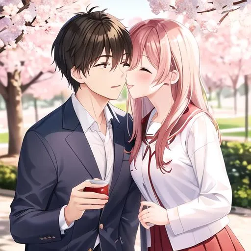 Prompt: Caleb and (Haley wearing a Japanese school uniform) on a date at the park, kissing, under the cherry blossom trees
