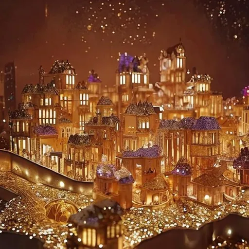 Prompt: Close caption of a fantasy world of a city of lights with the houses made from gold, diamonds, crystals and other Sparkly materials.