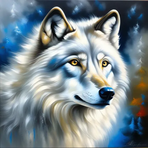 Prompt: (masterpiece, professional oil painting, professional charcoal painting, best quality:1.5), beautiful Baroque portrait of a grey-eyed wolf, {slick silver-white pelt}, thick snow white mane, silver hairs on back, silver fur markings, vast enchanted tundra, (detailed silver eyes:5), {deep grey eyes}, [blue eyes], diamond eyes, silver eyes, silver tint in eyes, highly detailed, petite, energetic, alert, timid, playful, beautifully detailed face, enchanted woods, sunlight beaming through canopy, {beautiful defined detailed furry legs}, beautiful detailed shading, highly Detailed body, billowing wild fur, copper fur highlights, full body focus, beautifully detailed background, cinematic, Yuino Chiri, 64K, UHD, high octane render, unreal engine, ambient silver light, mellow purple sunset, silver leaf canvas, thick brush strokes, rich texture, rich colors, intricate detail, high quality, high detail, masterpiece, intricate facial detail, high quality, detailed face, intricate quality, intricate eye detail, highly detailed, high resolution scan, intricate detailed, highly detailed face, very detailed, high resolution