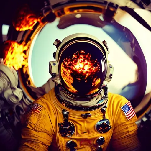 Prompt: An astronauts helmet reflecting a fiery scene