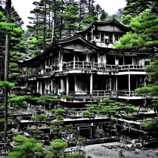 Prompt: japanese abounded house, horror world , dark night ,  full moon, mountain , dark forest , fire's , 