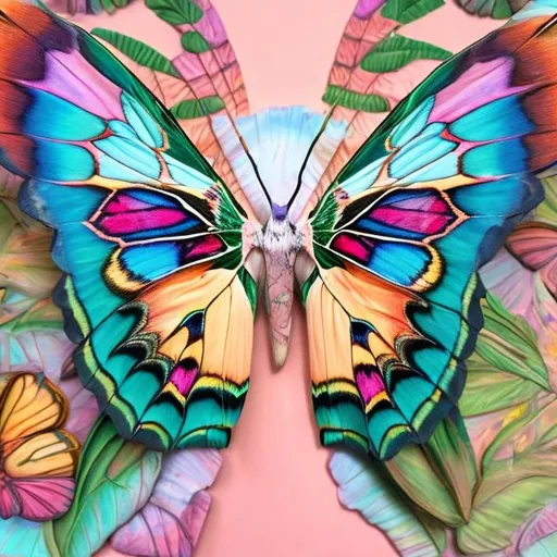 Prompt: Pastel atlas moth diorama in the style of Lisa frank