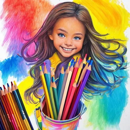 Prompt: a painted with pencils happy girl,  buying a big sport bag, picture is full of yellow, red, light blue colors, picture's height 1187 mm