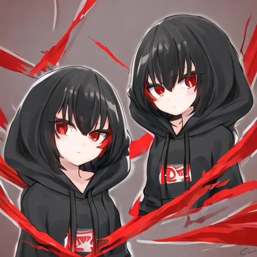 Prompt: shy girl with black hoodie black hair red eyes