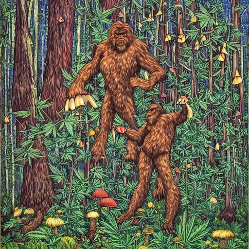 Prompt: Bigfoot surrounded by mushrooms, marijuana plants, lightning bolts and redwood trees in visionary art style