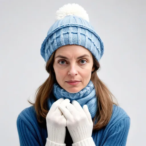 Prompt: a woman wearing a white hat and scarf and gloves with a blue sweater and white hat and scarf on, White background. Daphne McClure, net art, product photo, a stock photo