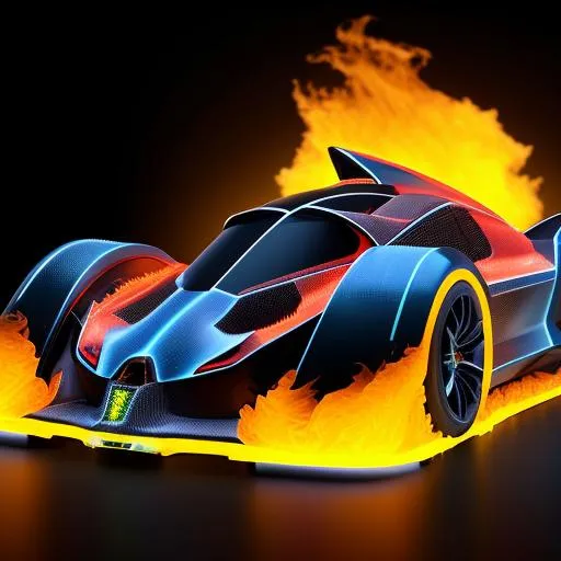 Prompt: Futuristic hyper Batmobile on burning flames and ice sharp cosmic speed 