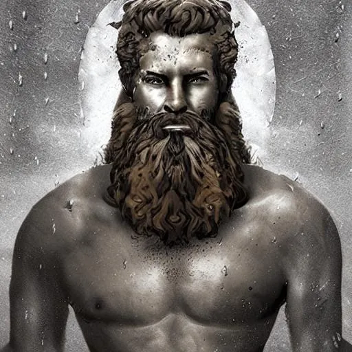 Prompt: Zeus in war, rain, beard, giant, photorealistic, digital art, concept art