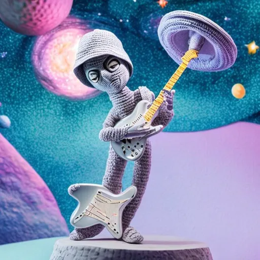 Prompt: stop-motion puppet of androgynous marvel silver surfer, wearing a crocheted bucket hat, playing electric guitar in outer space, pastel color palate