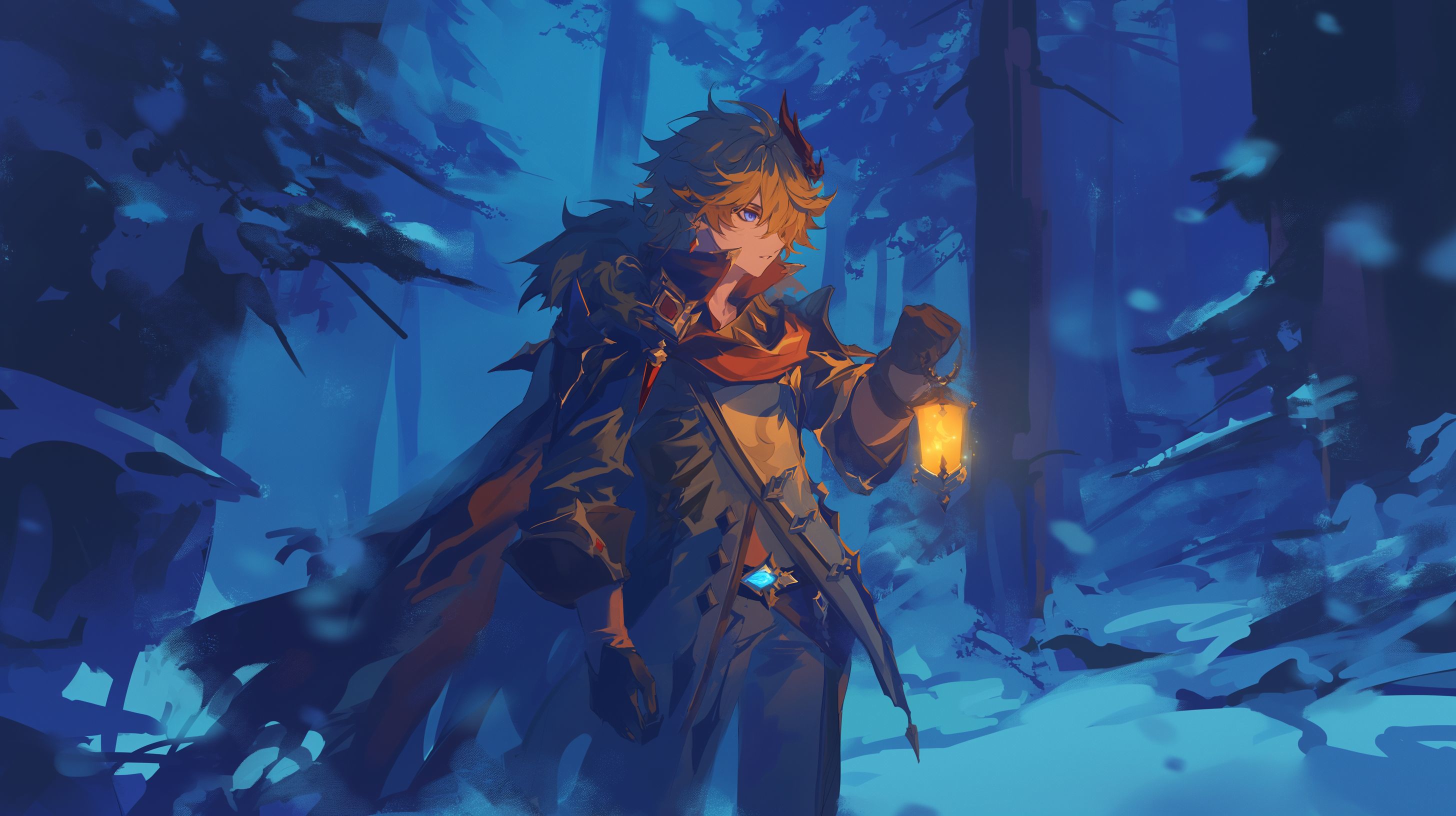 Prompt: tartaglia from genshin impact, in a dark forest with wide trunks, fur and pine trees only, very dark, you can see him and the lantern beam emiting from the lantern he is hold, he is looking for you, you are lost, blizzard, dark, --ar 16:9 --niji 6