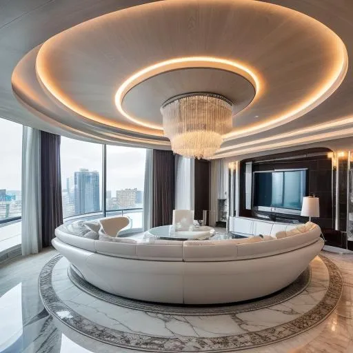 Prompt: interior living room architecture, curved futuristic shapes, white marble, mapple wood and silver furnitures, intricate curved pattern ceiling ./photoreal, zaha hadid, vray