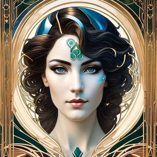 Prompt: Art Nouveau. portrait of a beautiful female cyborg, with gentle, empathetic eyes. realistic proportions, correct proportions. White prism, cosmic, etherial, astrology, celestial symbolism, detailed blue, black, gold, copper, jade tinted. 