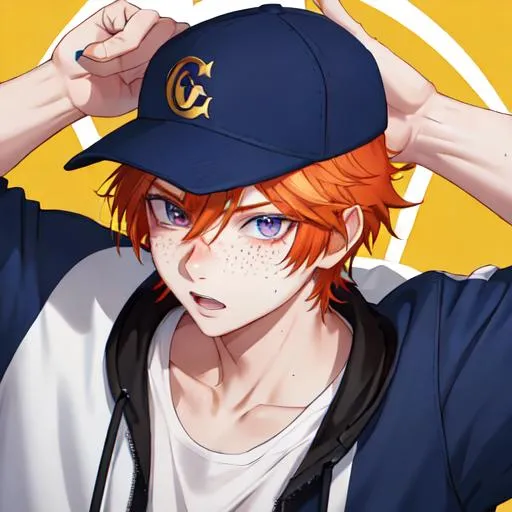 Prompt: Erikku male (short ginger hair, freckles, right eye blue left eye purple) muscular, UHD, 8K, Highly detailed, insane detail, best quality, high quality. wearing a sideways baseball cap, streetwear