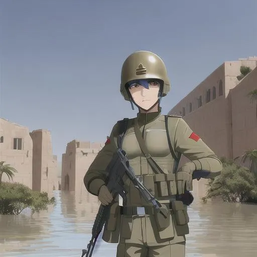 Prompt: Egyptian male soldier He wears a full helmet. He helds a rifle. In background ruins of a flooded City. Scifi soldiers. RPG art. Fading suns art. Scifi art. american soldier. american WWI helmet. anime art. studio trigger art.2d. 2d art.