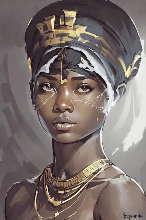 Prompt: a woman, depicted as a young woman with ebony skin, pixie cut, adorned in modest traditional Egyptian attire. She exudes strength and determination, her eyes reflecting a sense of resilience. she holds a symbol of power, such as an ankh in one hand, around her are ethereal figures of Egyptian gods and goddesses, The gods stand as guardians and guides, each radiating their unique aura and holding their sacred symbols, The figures of Anubis, Bastet, and Horus, among others, lend a touch of mysticism to the composition,

A subtle golden border frames the artwork, The background showcases the sprawling golden sands of the desert, stretching far into the distance under a radiant sun setting over the horizon, The warm hues of orange and amber bathe the scene in an enchanting glow, evoking a sense of timeless magic,

In the foreground, towering pyramids rise majestically, their triangular silhouettes reaching towards the heavens, Each pyramid bears intricate hieroglyphics, telling stories of ancient pharaohs and gods, The pyramids cast elongated shadows that add depth and mystery to the composition.


the essence of ancient Egypt, combining elements of mythology, adventure, and the power of destiny. 





,Dreamy ambiance, epic proportion, epic composition, 2D illustration, 2D vector art, 2D digital painting, 2D flat color, 2D art, vibrant color, contrast, detailed brush stroke, detailed digital illustration, cinematic lighting, volumetric lighting, iridescent lighting reflection, reflection, beautiful shading, ray tracing, symmetrical, professional illustration, HD, UHD, 64K, 
Model: Anything V4