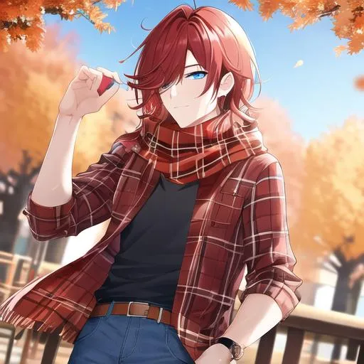 Prompt: Zerif 1male (Red side-swept hair covering his right eye, blue eyes), highly detailed face, wearing a cozy flannel shirt and a pair of stylish jeans. In the park, fall.  wearing a scarf, looking up at the sky, in a pumpkin patch, adult. Handsome,  detailed, UHD, HD, 4K, highly detailed, red haze, masculine, anime style