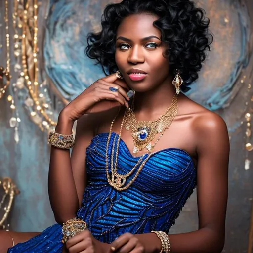 Prompt: Black woman flapper in blue dress elegant and beautiful with curly black hair bejeweled in sapphires 