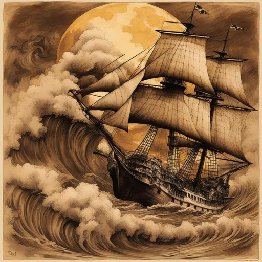 Prompt: Mid-Shot 3/4 front view , (Sepia Dark Ink Outlined), The Large full mast tilted sideways Pirate ship torn sales on the stormy ocean, Amber and Sepia strong contrast Lighting from a (highly detailed large dark Amber Sepia colored moon with dark sepia outlines), (high waves stormy seas waves cresting), extremely detailed high contrast Da Vinci technical sketch. hyper detailed drawing on vintage paper; by Kandinsky, by Klimt;