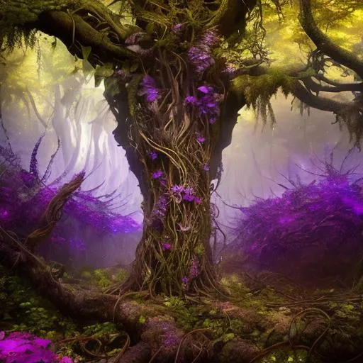 Prompt: Vines growing from a Druids heart through her body into a dead tree brining it back to life, a masterpiece, dark fantasy concept art, dynamic lighting, hyperdetailed, intricately detailed, Splash screen art, deep color, Unreal Engine, volumetric lighting, Alphonse Mucha, Jordan Grimmer, purple and yellow complementary colours