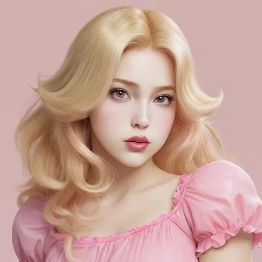 Prompt: peach prisses of mario blond girl hair hyper realistic juici pink lips pink dressed young girl