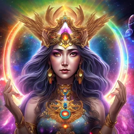 Prompt: Goddess with rainbow disc cosmic themed crown and a powerful weapon and eyes golden