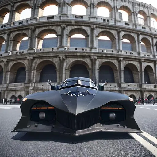 Prompt: close up shot of the Batmobile parked outside the colloseum. natural daylight, camera standard lens front on shot, 4k, hdr, photo realistic