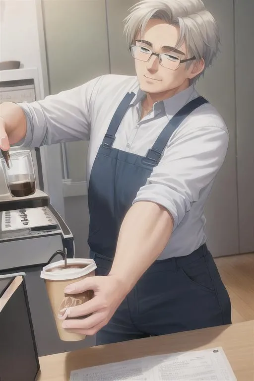 Prompt: old man work in a coffee, best quality, anim style