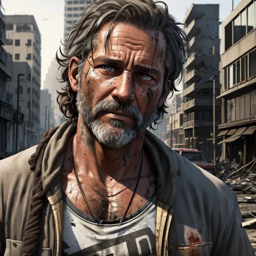 Prompt: Survivor, determined, rough, 40 year old East Coast father, ragged, ruined clothes, ((torn to shreds and dirty casual clothes)), improvised weapon, bombed out city, detailed symmetrical face, real, alive, high quality painting, 8k, uhd