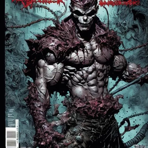 Prompt: Todd McFarlane. The Phantom and dragon variant. muscular. dark gritty with some colour. Bloody. Hurt. Damaged. Accurate. realistic. evil eyes. Slow exposure. Detailed. Dirty. Dark and gritty. Post-apocalyptic. Shadows. Sinister. Intense. 