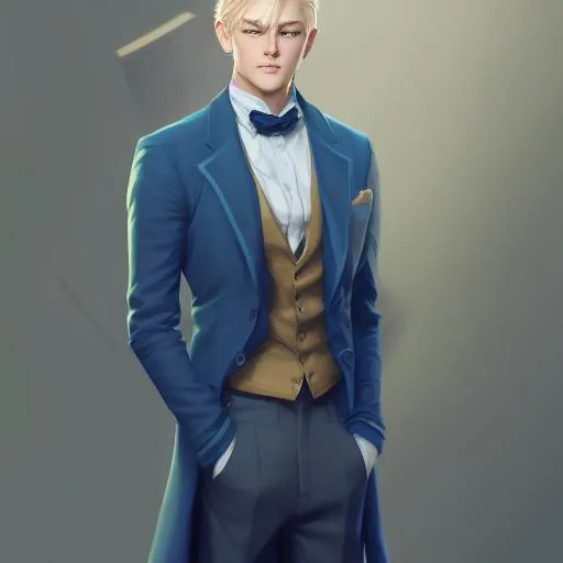 Prompt: Illustration of bridgerton man, with blonde hair, fair skinned,blue eyes,thick eye lash beautiful blue victorian style suit, young handsome man calm looking ,stanley artgerm lau, wlop, rossdraws, concept art, digital painting,adult, angelina jolie