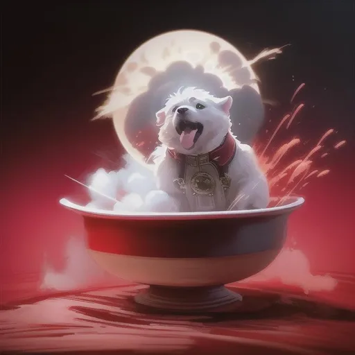 Prompt: Action scene.  Photography of a white angry puppy dog in a red hyperdetailded baroque big bowl on air. rounded circle angry white puppy. hiperdetailed bowl. Epic painting. chopped flat. steampunk wooden bowl. action scene. little explosions in front of camera. explotions in background. hyperealistic. fire and particles of dust (9:10). Red ambiental lights. Hiperrealistic. inclination camera: 60. cenital view. orange and yellow lights, hyper detalied, nikon d850, camera 35mm f5.6 lens, hyper realistic, dramatic lighting.