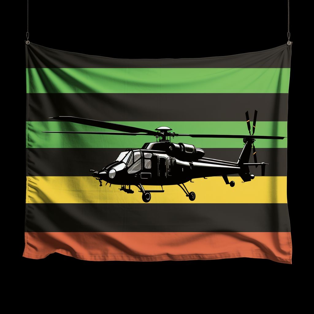 Prompt: a dark striped pride flag in greens and whites, black silhouette of an apache attack helicopter, styled like a pin, simple colors and patterns 