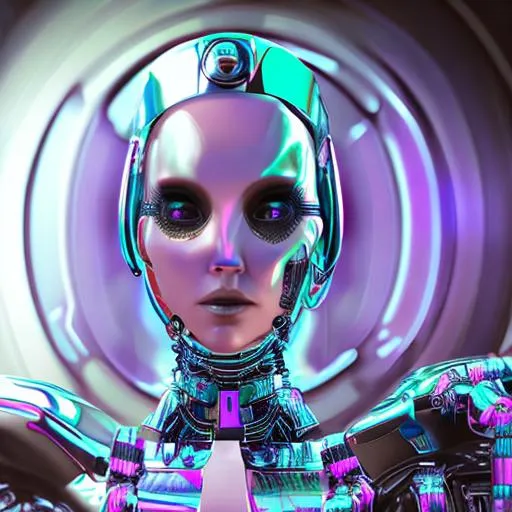 Prompt: x bot 4000 cybernetic smiling goth girl cyborg, hyper feminine features, shiny metallic torso, standing in a technical laboratory, crepuscular rays, hints of purple green blue pink