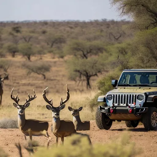 Prompt: deer observation from jeep safari with observers watching through binoculars