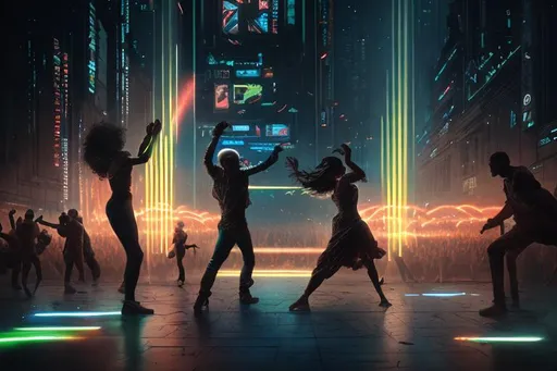 Prompt: dancing people and a lasershow, perfect composition, hyperrealistic, super detailed, 8k, high quality, trending art, trending on artstation, sharp focus, studio photo, intricate details, highly detailed, cyberpunk, by greg rutkowski