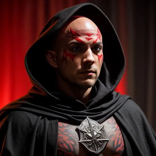 Prompt: An RPG character, bald, with red tattoos on his forehead, wearing a black cloak with a hood, red shirt, daggers hanging from his leather belt, with rough boots