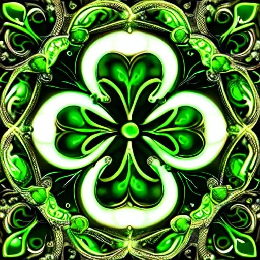 Prompt: A four leaf clover, shamrock, ornate, intricate, flowing, green neon, led, fractals, hyper-detailed, 64K, UHD, HDR, unreal engine, vivid colors