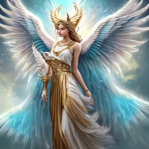 Prompt: Realistic Very majestic Greek like cat goddess with epic majestic wings, gold pink and blue