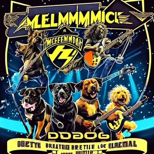 Prompt: live Concert of Dogs Playing guitar, bass, and drums with the paws like a human. The band is Metallica.