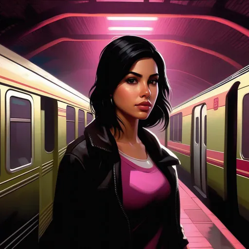 Prompt: Third person, gameplay, Mexican girl, pale olive skin, black hair, dark brown eyes, late 2010s, abandoned subway station, foggy, dark pink atmosphere, cartoony style, extremely detailed painting by Greg Rutkowski and by Henry Justice Ford and by Steve Henderson 